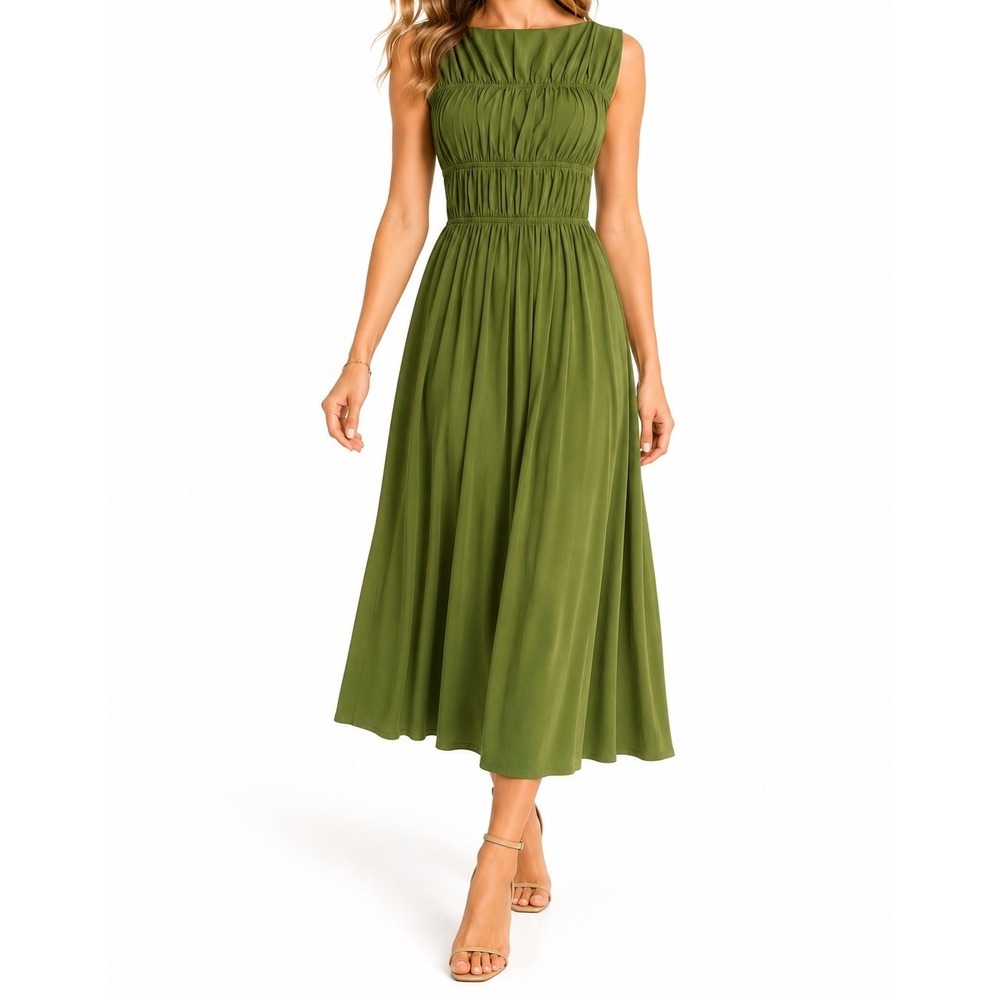 Tuckernuck Aurelia Dress Cedar Green Crepe Jersey Smocked Maxi NWT XS